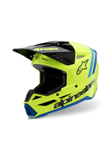 Alpinestars S-M3 Youth Radium Helmet, Motocross Helmet, Yellow Fluo Black and Blue, featuring a black visor, bold Alpinestars logo on the side, blue accents on the trim, high-performance protective gear for youth riders