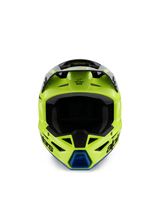 Alpinestars S-M3 Youth Radium Helmet, Motocross Helmet, Yellow Fluo Black and Blue, front view showing black visor and blue chin vent, bold Alpinestars branding, sleek aerodynamic profile for youth off-road racing