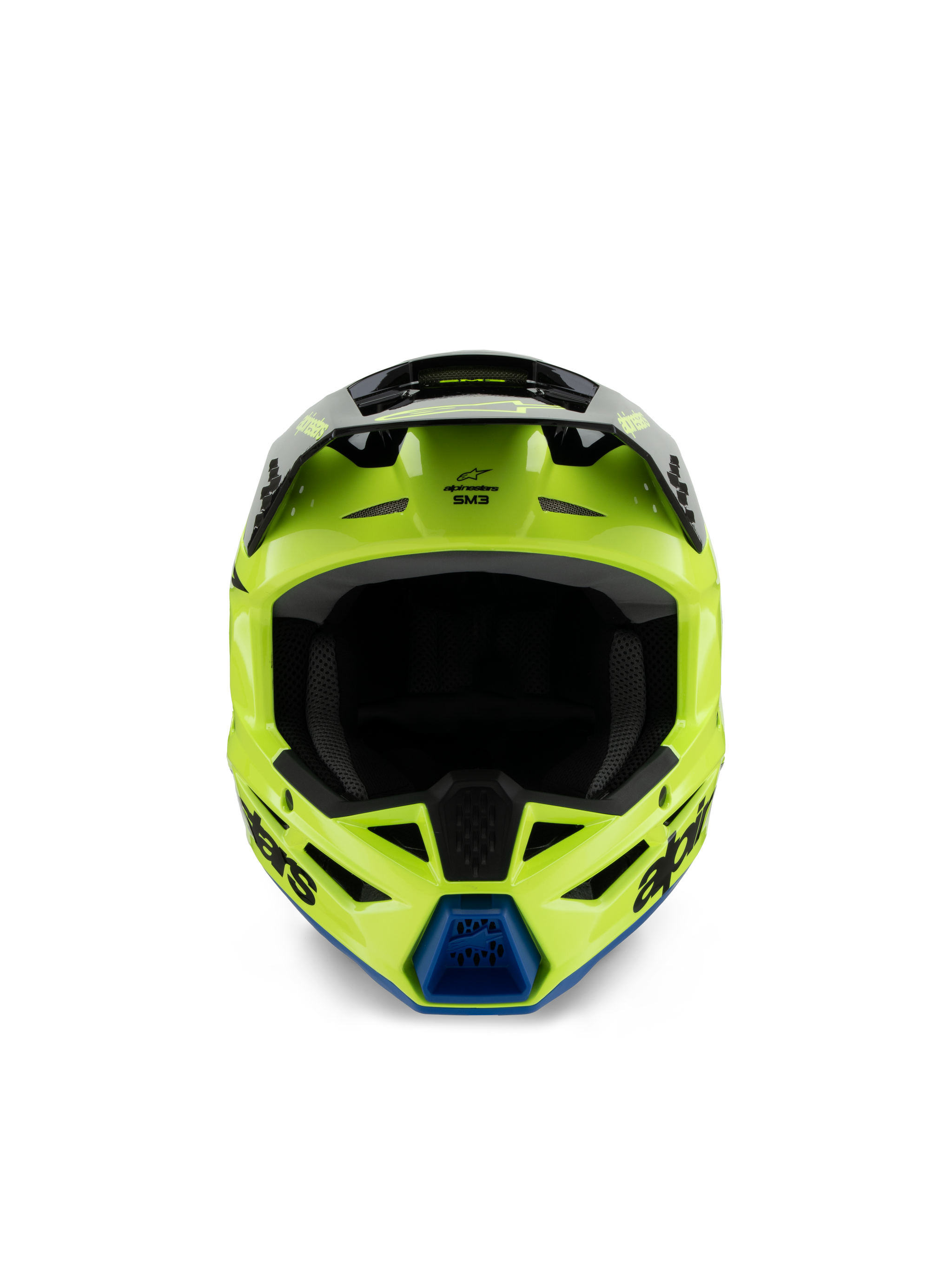 Alpinestars S-M3 Youth Radium Helmet, Motocross Helmet, Yellow Fluo Black and Blue, front view showing black visor and blue chin vent, bold Alpinestars branding, sleek aerodynamic profile for youth off-road racing