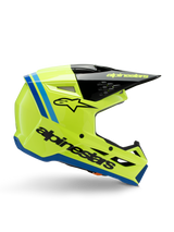 Alpinestars S-M3 Youth Radium Helmet, Motocross Youth Helmet, Bright Fluo Yellow with Black and Blue accents, side view showcasing aerodynamic design, black peak with yellow logo, bold black branding on the side, ECE 22.06 certified protection for off-road racing
