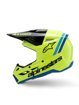 Alpinestars S-M3 Youth Radium Helmet, Motocross Helmet, Bright Fluorescent Yellow with Blue and Black accents, featuring bold Alpinestars branding, sleek aerodynamic profile for youth off-road racing