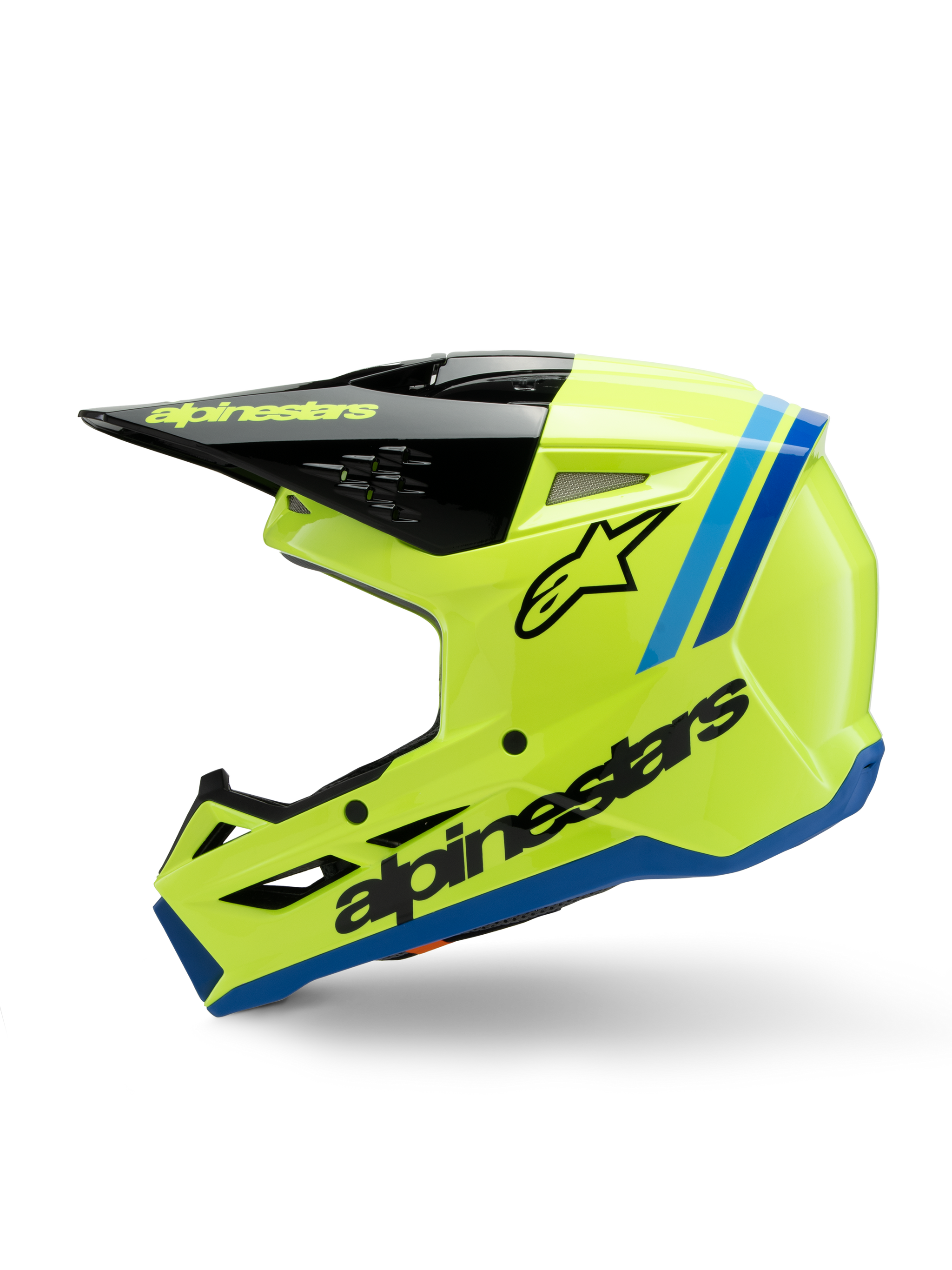 Alpinestars S-M3 Youth Radium Helmet, Motocross Helmet, Bright Fluorescent Yellow with Blue and Black accents, featuring bold Alpinestars branding, sleek aerodynamic profile for youth off-road racing