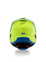 Alpinestars S-M3 Youth Radium Helmet ECE 22.06, Motocross Helmet, Yellow Fluo and Blue, rear view featuring black Alpinestars logo and ECE certification sticker, aerodynamic shell design for youth off-road racing