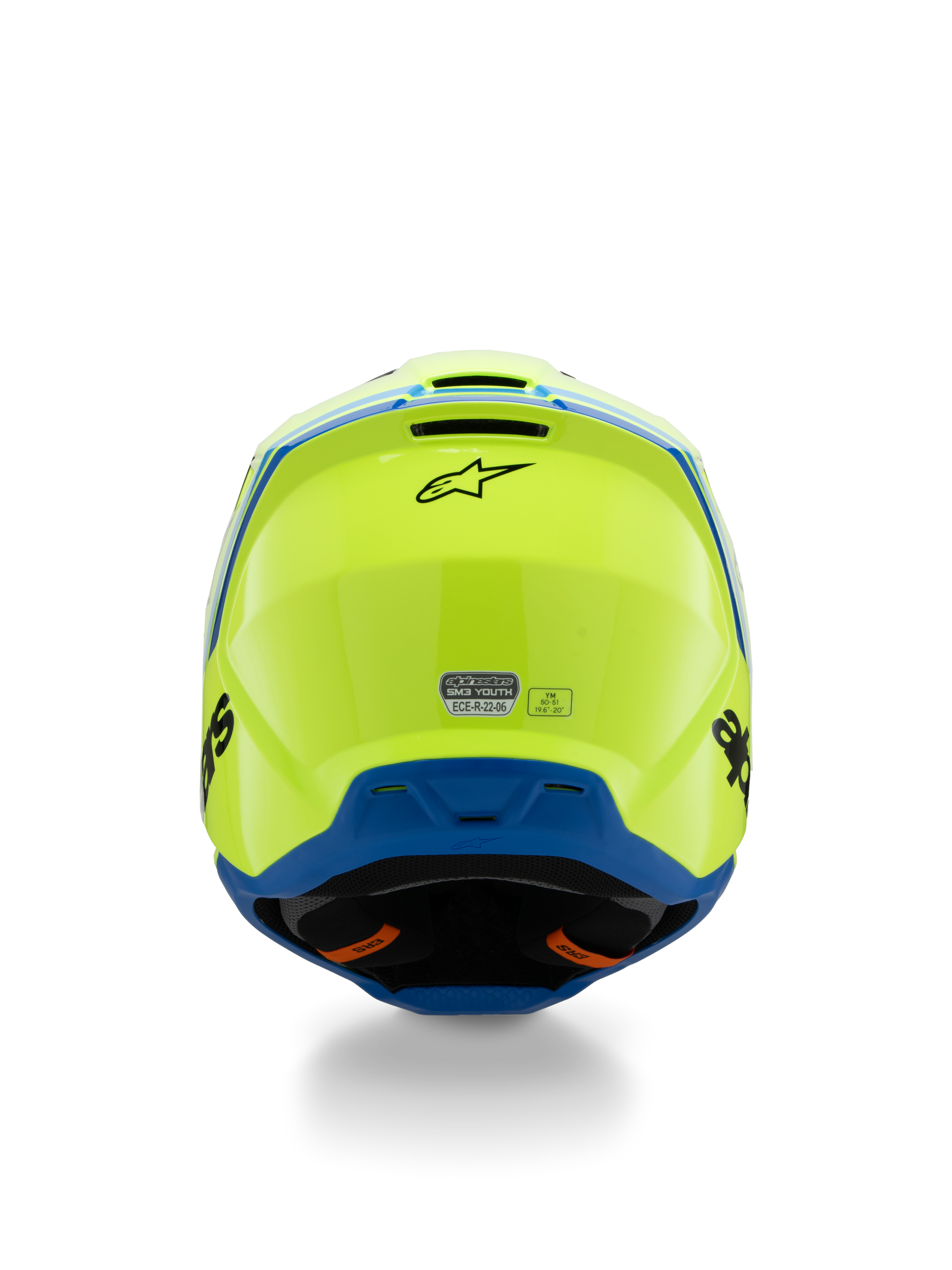 Alpinestars S-M3 Youth Radium Helmet ECE 22.06, Motocross Helmet, Yellow Fluo and Blue, rear view featuring black Alpinestars logo and ECE certification sticker, aerodynamic shell design for youth off-road racing