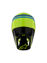 Alpinestars S-M3 Youth Radium Helmet ECE 22.06, Motocross Helmet, Yellow Fluo Black and Blue, top-down view showing aerodynamic shell, SM3 branding on the black visor, and bold Alpinestars logos