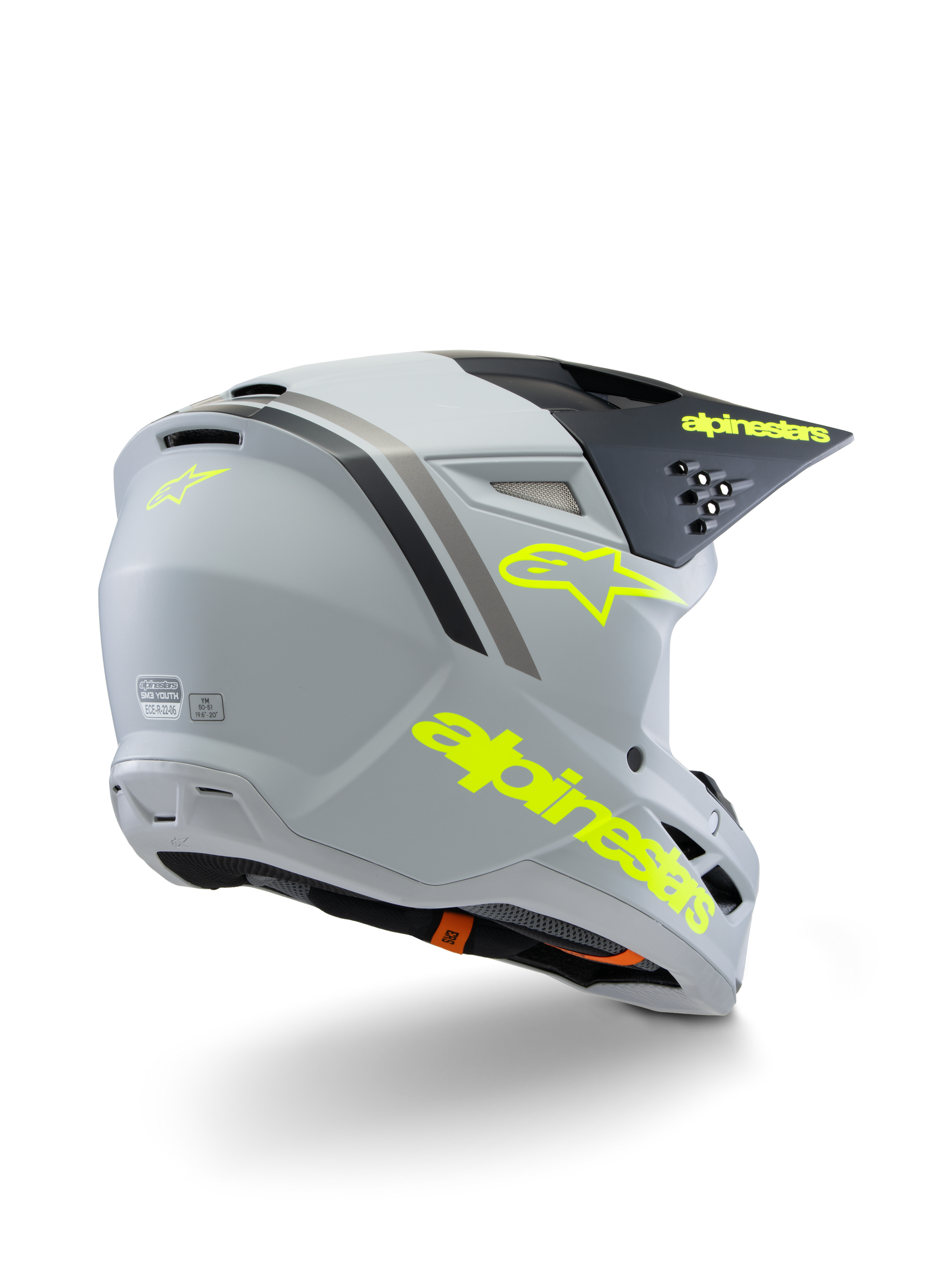 Alpinestars S-M3 Youth Radium Helmet ECE 22.06, Motocross Helmet, Gray Black and Fluorescent Yellow Matte, rear three-quarter view showing bold yellow branding and star logo, sleek aerodynamic shell with ventilation for off-road riding