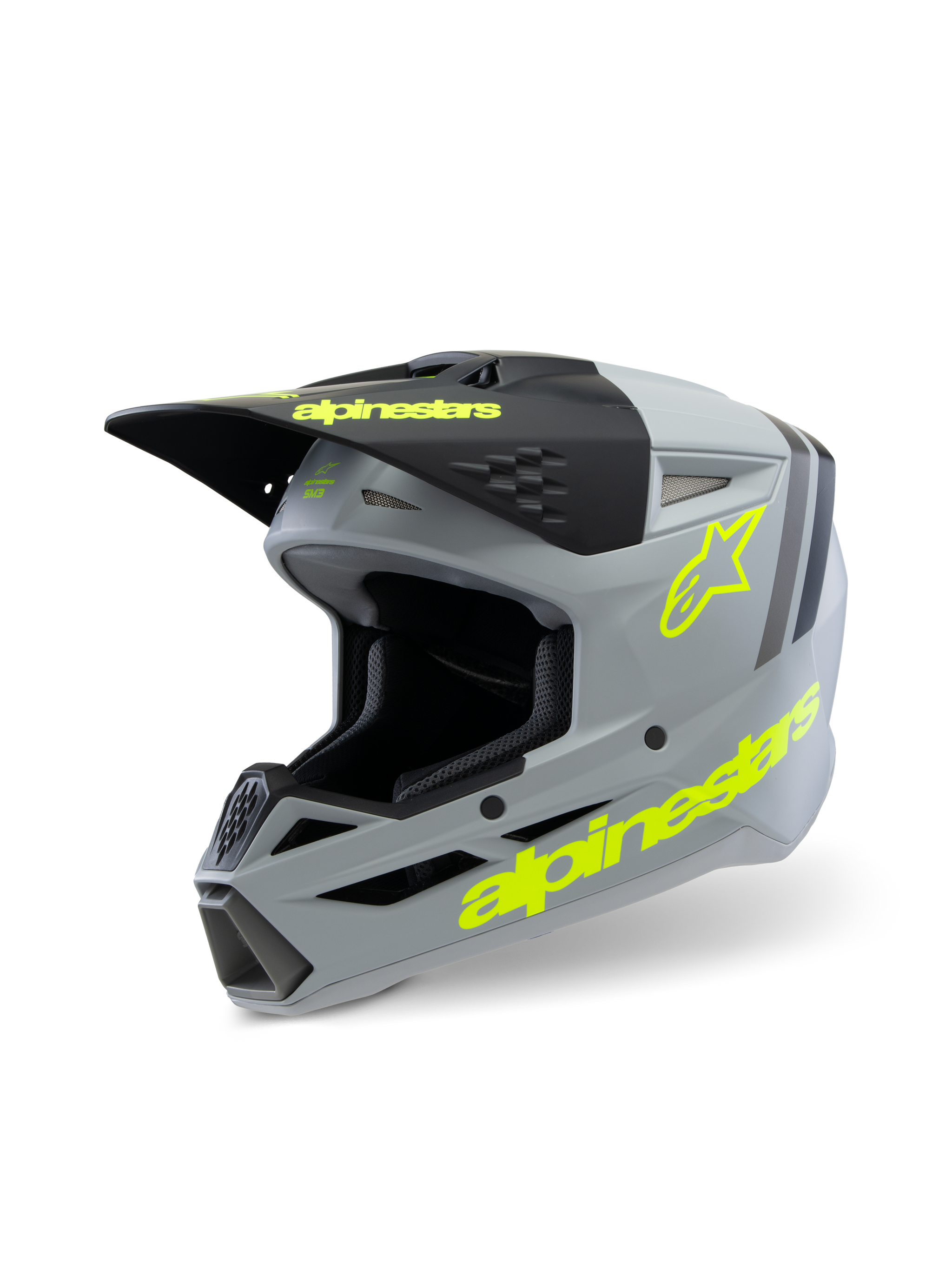 Alpinestars S-M3 Youth Radium Helmet ECE 22.06, Motocross Helmet, Matte Gray and Black with Fluorescent Yellow accents, featuring bold Alpinestars branding and star logo, youth off-road protective gear