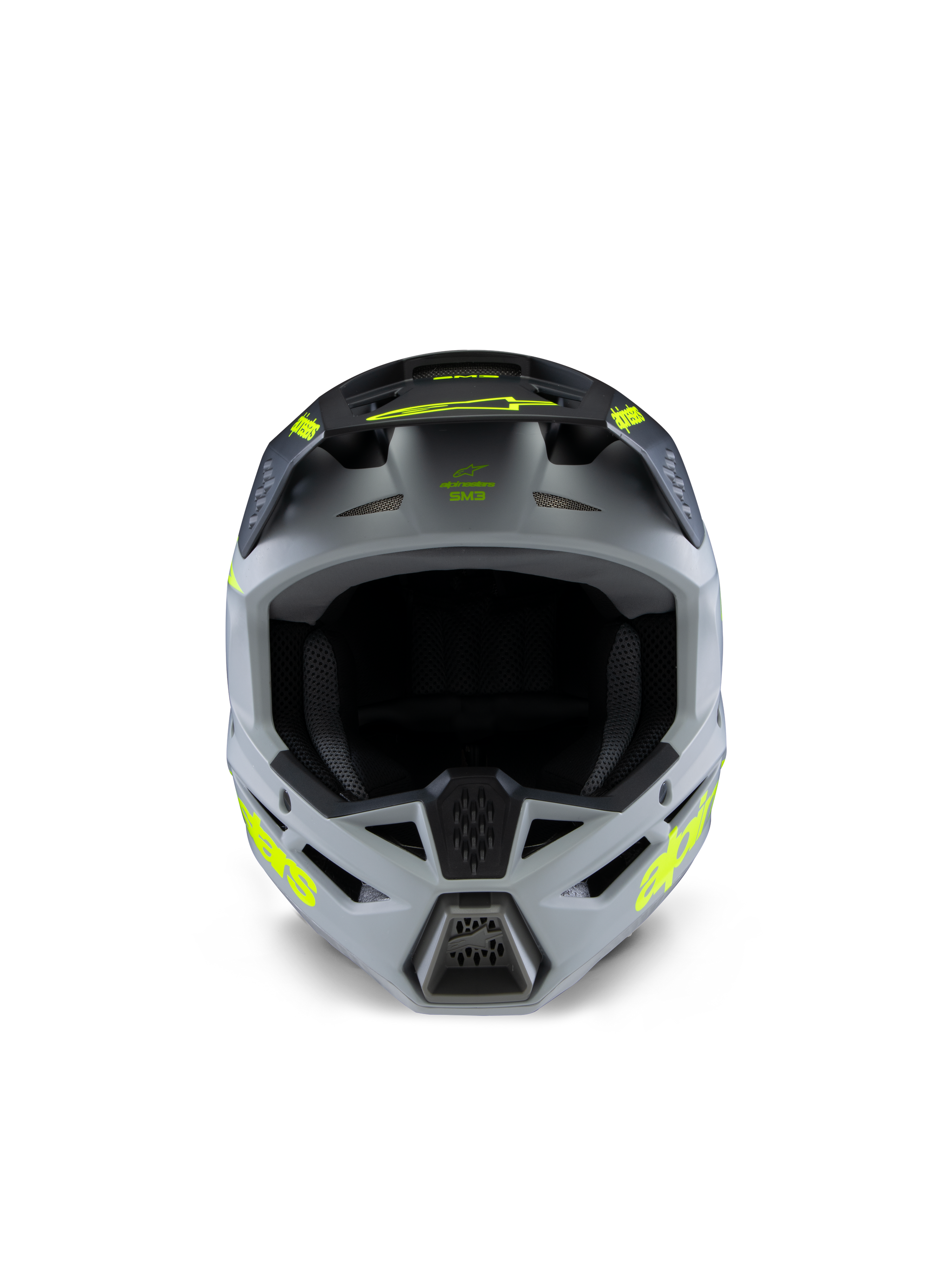 Alpinestars S-M3 Youth Radium Helmet, Motocross Helmet, Gray Black and Yellow Fluo Matte, front view featuring an aggressive angular shell, vibrant yellow logos on the sides and peak, matte finish designed for youth off-road and MX racing.