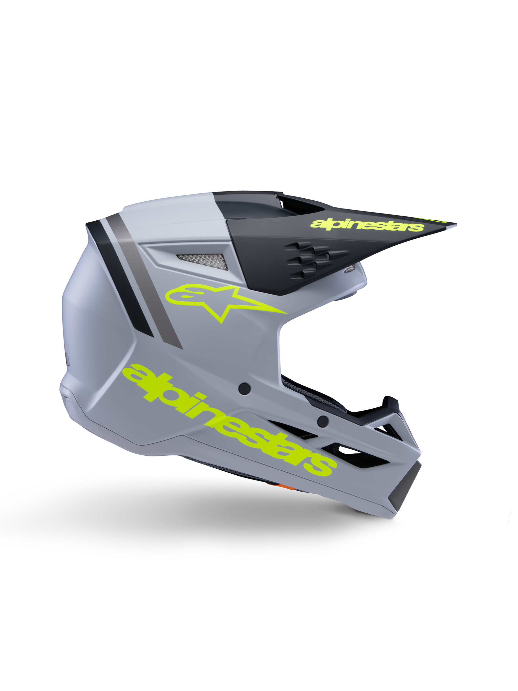 Alpinestars S-M3 Youth Radium Helmet ECE 22.06, Youth Motocross Helmet, Matte Gray and Black with Yellow-Fluo branding, side profile showing Alpinestars logo and text, aerodynamic design with integrated ventilation and black visor.