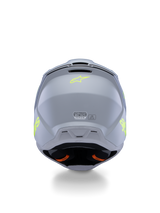Alpinestars S-M3 Youth Radium Helmet ECE 22.06, Gray Black and Yellow Fluo Matte, rear view showing ventilation ports and certification labels, fluorescent yellow star logo, aerodynamic shell design for motocross and off-road racing