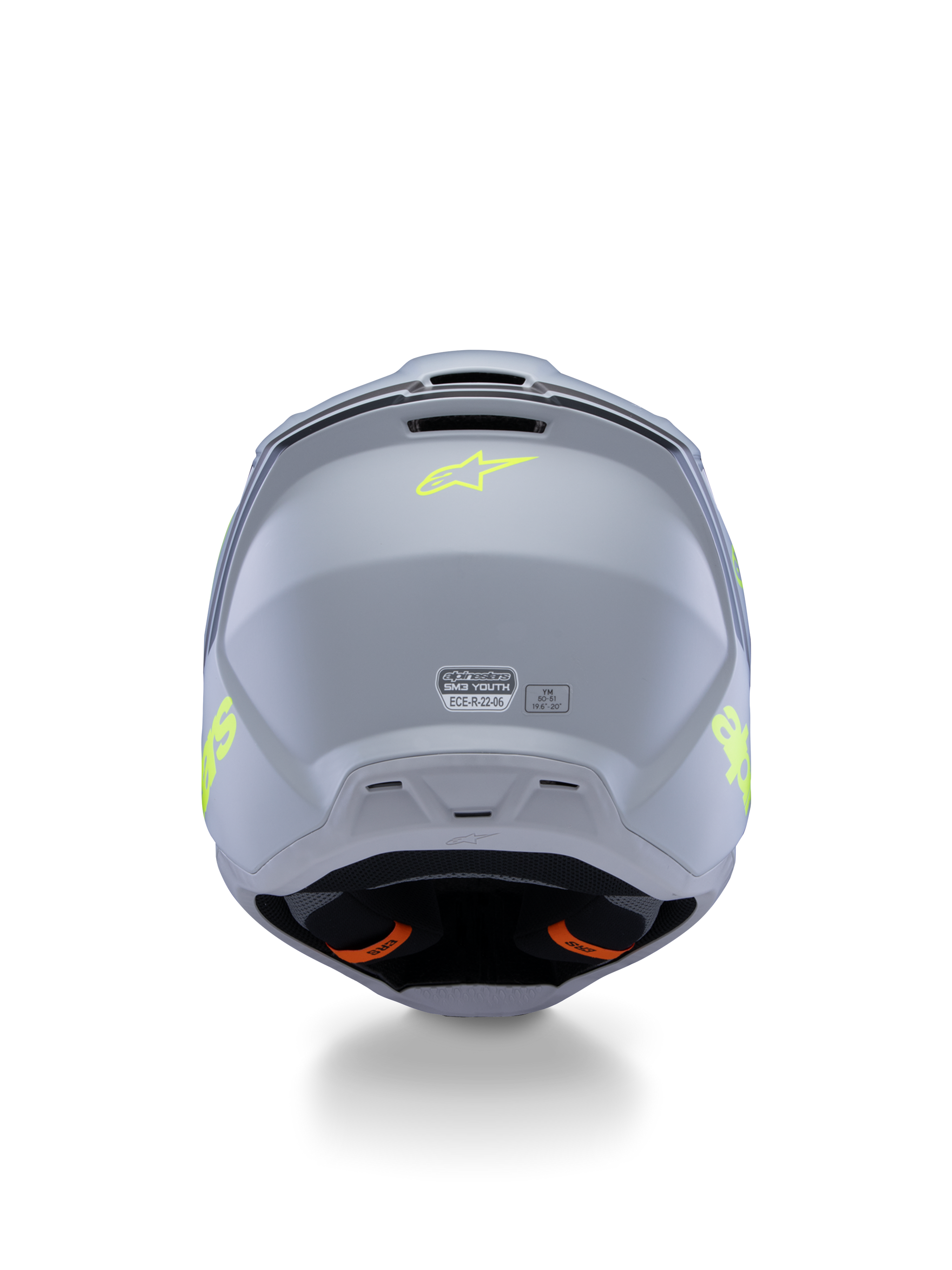 Alpinestars S-M3 Youth Radium Helmet ECE 22.06, Gray Black and Yellow Fluo Matte, rear view showing ventilation ports and certification labels, fluorescent yellow star logo, aerodynamic shell design for motocross and off-road racing