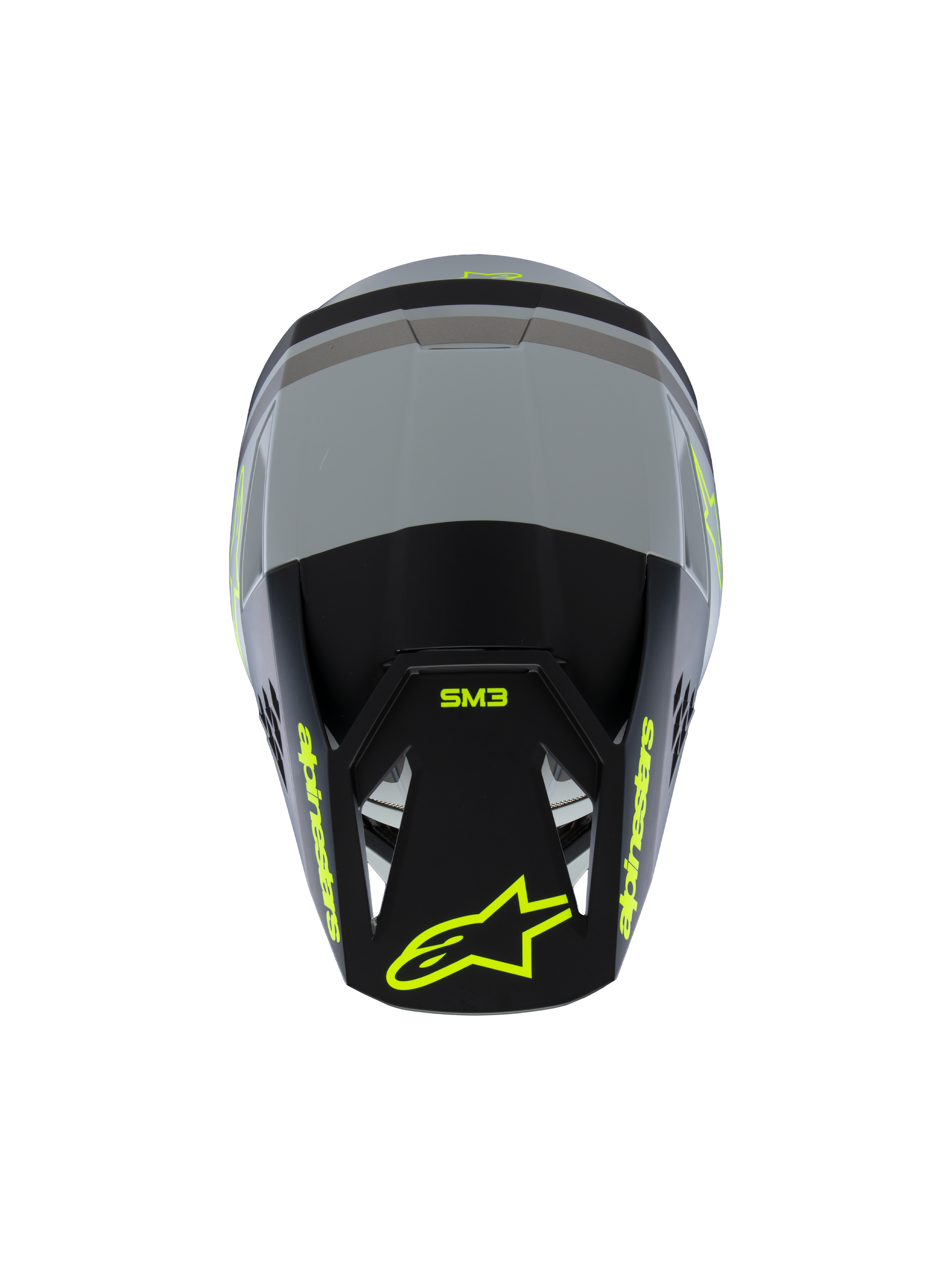 Alpinestars S-M3 Youth Radium Helmet ECE 22.06, Motocross Helmet, Matte Gray and Black with Fluorescent Yellow accents, Top view showing Alpinestars and SM3 branding, specialized youth off-road head protection