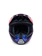 Alpinestars S-M7 Fuse Helmet, Motocross Helmet, Blue Purple and Pink Glossy, front view showing the eye port and ventilated chin bar, featuring black accents and Alpinestars branding, aerodynamic off-road racing design