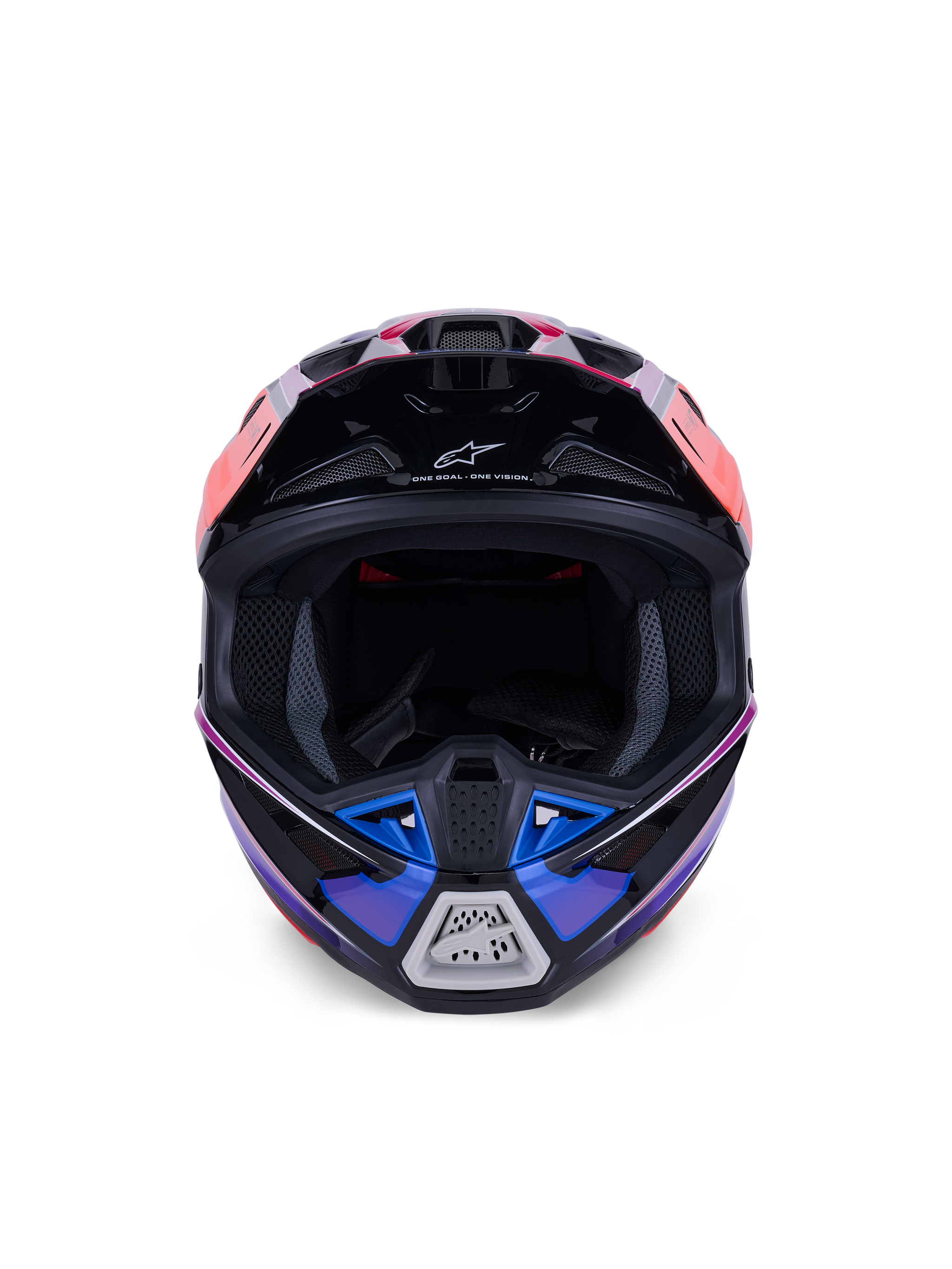 Alpinestars S-M7 Fuse Helmet, Motocross Helmet, Blue Purple and Pink Glossy, front view showing the eye port and ventilated chin bar, featuring black accents and Alpinestars branding, aerodynamic off-road racing design