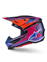 Alpinestars S-M7 Fuse Helmet, Motocross Helmet, Blue Purple Pink and Orange Glossy, vibrant multi-colored graphic design with blue Alpinestars logo, aerodynamic composite shell with protective visor and ventilation ports, professional off-road racing gear