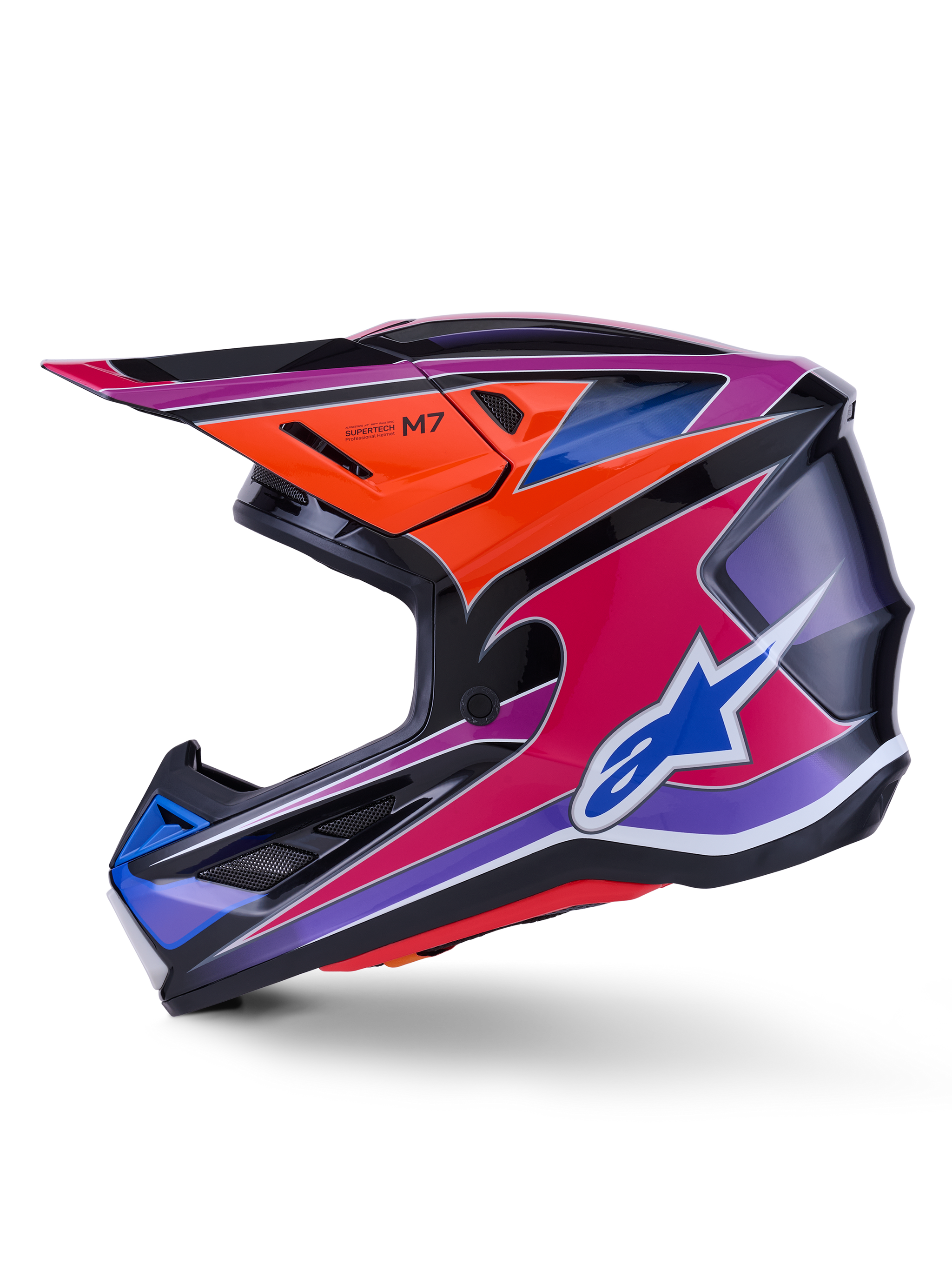 Alpinestars S-M7 Fuse Helmet, Motocross Helmet, Blue Purple Pink and Orange Glossy, vibrant multi-colored graphic design with blue Alpinestars logo, aerodynamic composite shell with protective visor and ventilation ports, professional off-road racing gear