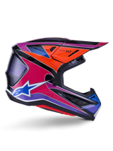 Alpinestars S-M7 Fuse Helmet, Motocross Helmet, Blue Purple and Pink Glossy, side profile view with vibrant racing graphics, aerodynamic shell design with ventilation ports and Alpinestars star logo
