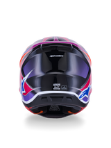 Alpinestars S-M7 Fuse Helmet, Motocross Helmet, Rear View, Blue Purple Pink Glossy, vibrant pink and purple graphics on a glossy black shell, featuring ventilation ports and ECE 22.06 certification label