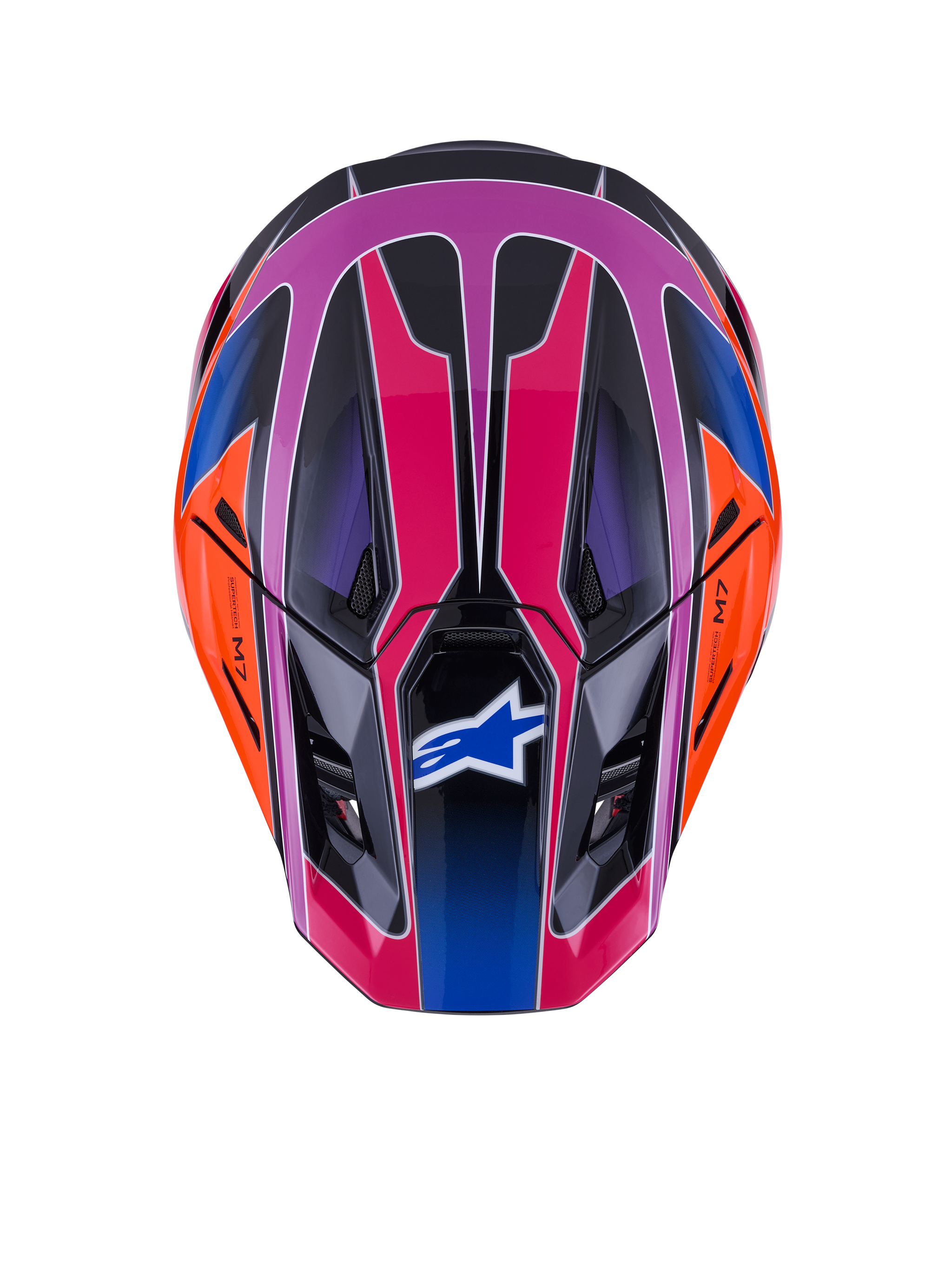 Alpinestars S-M7 Fuse Helmet, top-down view, Blue Purple Pink Glossy with orange and black accents, vibrant geometric design, aerodynamic shell with ventilation ports and Alpinestars logo on the visor, motocross safety gear