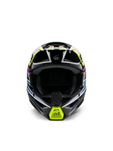 Alpinestars S-M3 Youth Wurx Helmet, Front View, Black with Fluorescent Yellow, Blue, and Red Accents, Youth Motocross Protective Gear, featuring a black base with vibrant geometric graphics, integrated ventilation ports, and a yellow chin guard, off-road racing style