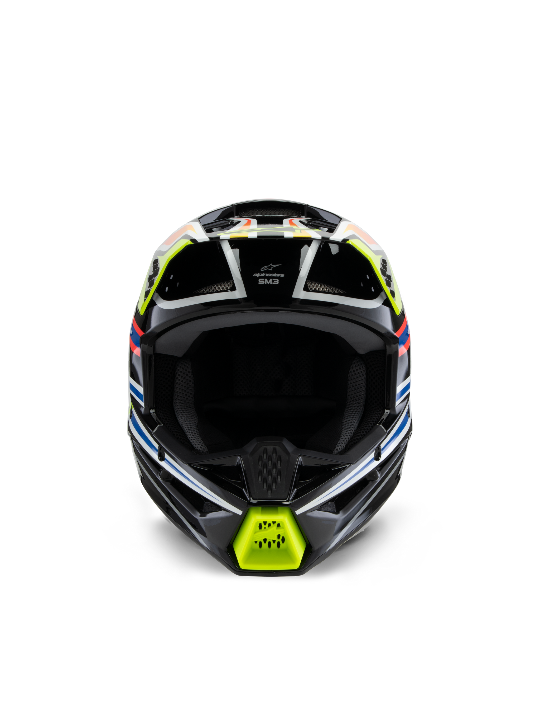 Alpinestars S-M3 Youth Wurx Helmet, Front View, Black with Fluorescent Yellow, Blue, and Red Accents, Youth Motocross Protective Gear, featuring a black base with vibrant geometric graphics, integrated ventilation ports, and a yellow chin guard, off-road racing style
