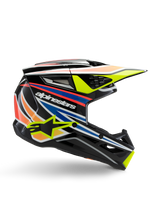 Alpinestars S-M3 Youth Wurx Helmet, Youth Motocross Helmet, Black with yellow, blue, red, and orange graphic stripes, side profile with aerodynamic visor and glossy finish, featuring white Alpinestars logo and yellow star graphic