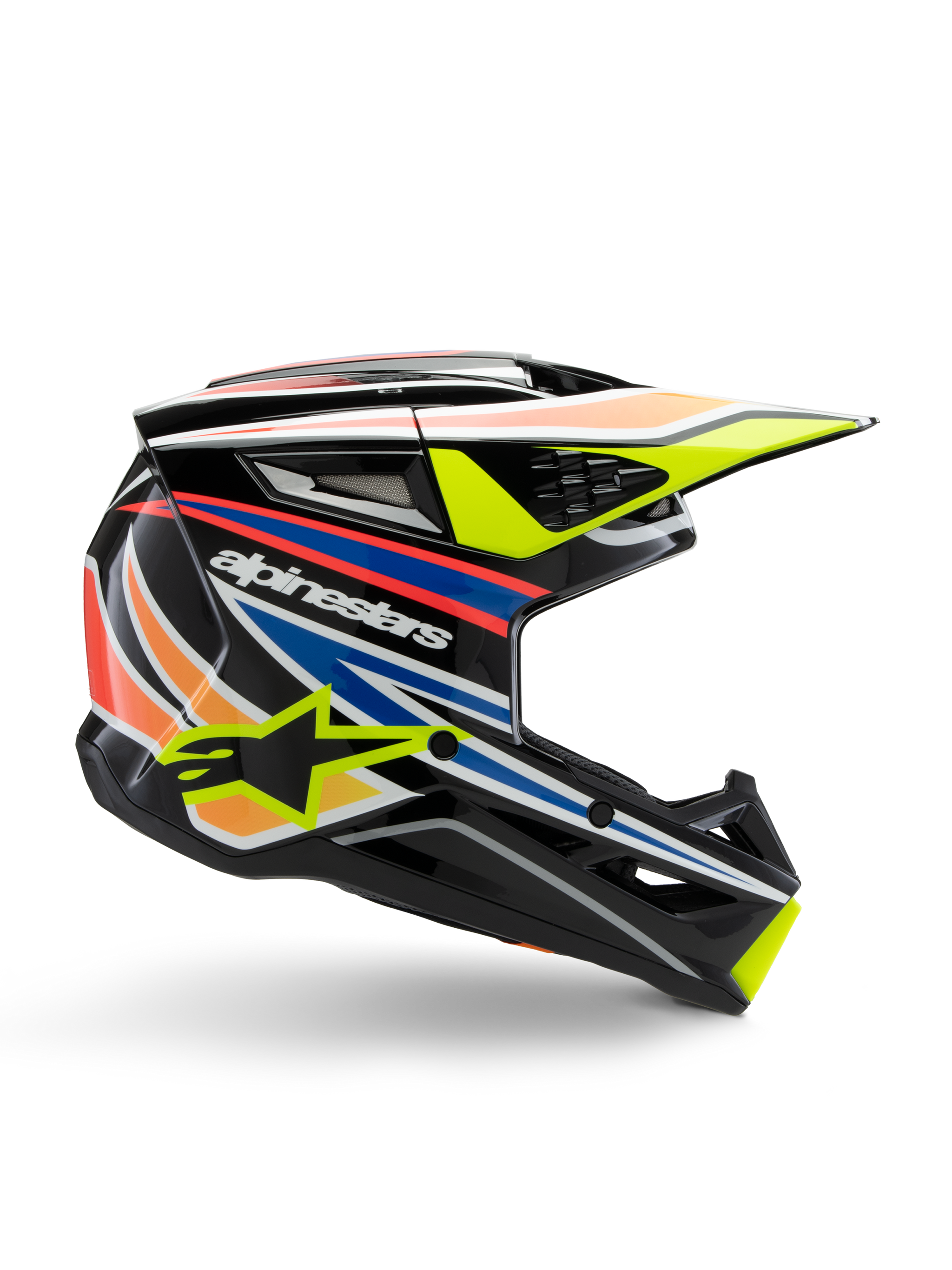 Alpinestars S-M3 Youth Wurx Helmet, Youth Motocross Helmet, Black with yellow, blue, red, and orange graphic stripes, side profile with aerodynamic visor and glossy finish, featuring white Alpinestars logo and yellow star graphic