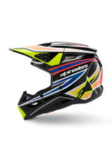 Alpinestars S-M3 Youth Wurx Helmet, Motocross Helmet, Black with vibrant yellow, blue, and red graphics, profile view featuring bold Alpinestars branding, aerodynamic shell with multiple ventilation ports and a yellow peak.