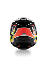 Alpinestars S-M3 Youth Wurx Helmet ECE 22.06, Motocross Helmet, Rear view, Black with red, fluorescent yellow, and blue graphics, featuring bold angular patterns, star logos, and ECE 22.06 certification sticker, designed for youth off-road racing