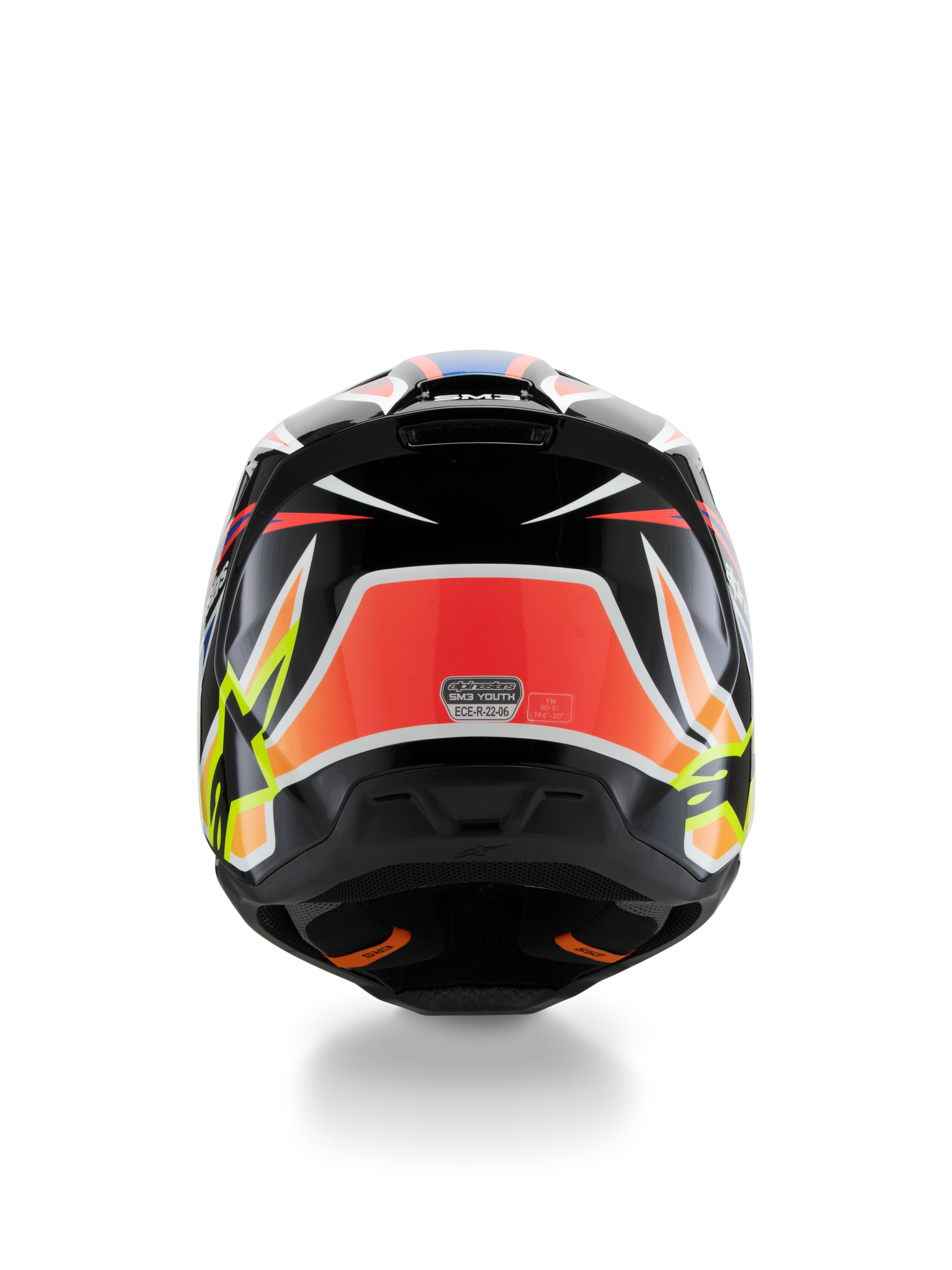 Alpinestars S-M3 Youth Wurx Helmet ECE 22.06, Motocross Helmet, Rear view, Black with red, fluorescent yellow, and blue graphics, featuring bold angular patterns, star logos, and ECE 22.06 certification sticker, designed for youth off-road racing