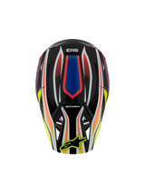 Alpinestars S-M3 Youth Wurx Helmet ECE 22.06, Motocross Helmet, Black with vibrant Red, Blue, and Yellow graphics, top view featuring SM3 logo and yellow Alpinestars logo on the visor, off-road protective gear