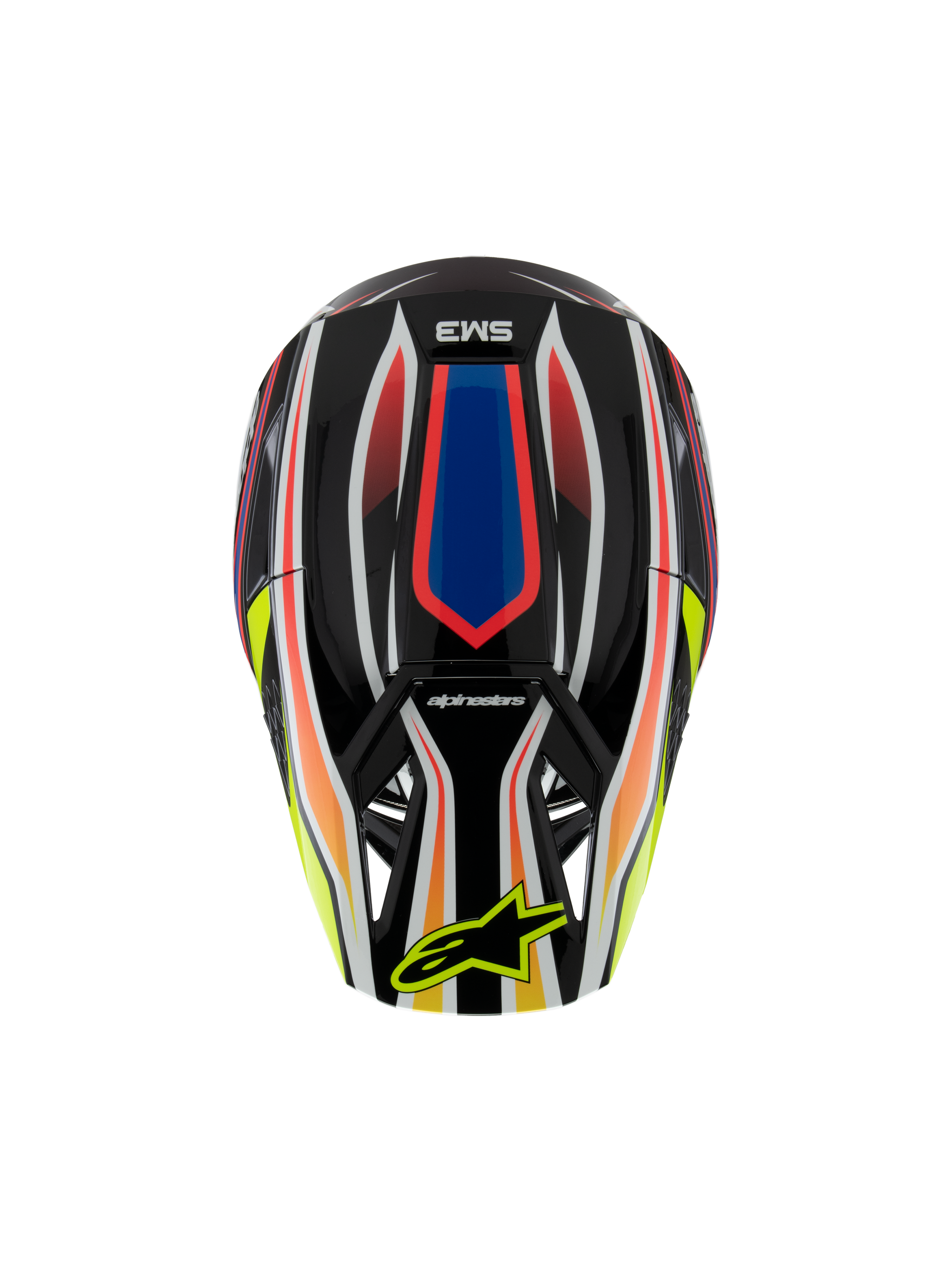 Alpinestars S-M3 Youth Wurx Helmet ECE 22.06, Motocross Helmet, Black with vibrant Red, Blue, and Yellow graphics, top view featuring SM3 logo and yellow Alpinestars logo on the visor, off-road protective gear