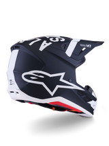Alpinestars S-M7 Dasher Helmet, Motocross Helmet, Matte Black and White, rear three-quarter view featuring large white A-star logo on the side, bold white branding on top, aerodynamic shell design with visible ventilation ports and red padding.