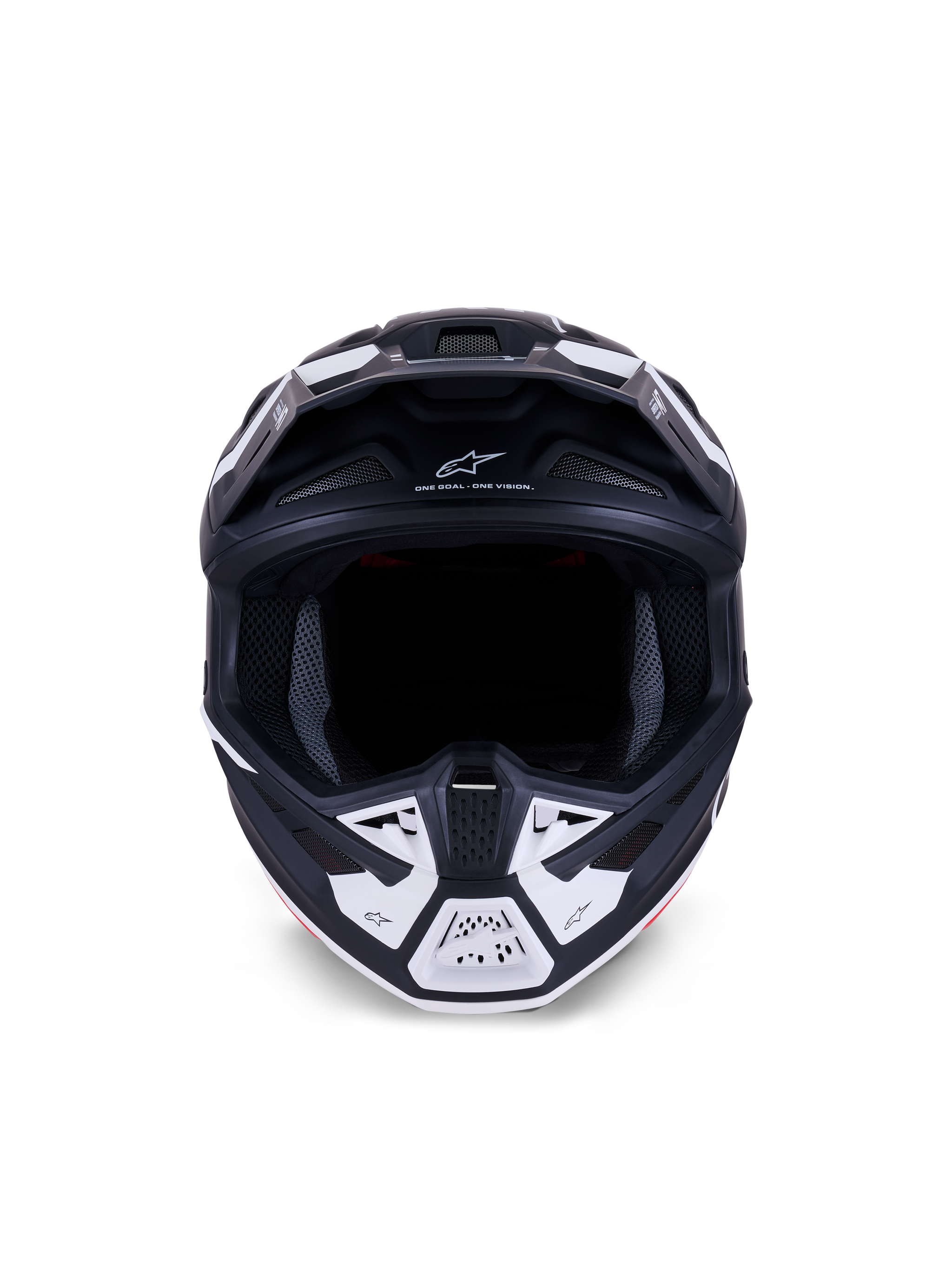 Alpinestars S-M7 Dasher Helmet ECE 22.06, Motocross Helmet, Matte Black and White, Front view showing ventilation ports and geometric graphics, features "ONE GOAL - ONE VISION" text, professional off-road racing protection