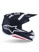 Alpinestars S-M7 Dasher Helmet, Motocross Helmet, Black White Matt with Red accents, featuring large white Alpinestars star logo on the side, aerodynamic visor and ventilation ports, matte finish, ECE 22.06 certified for off-road racing