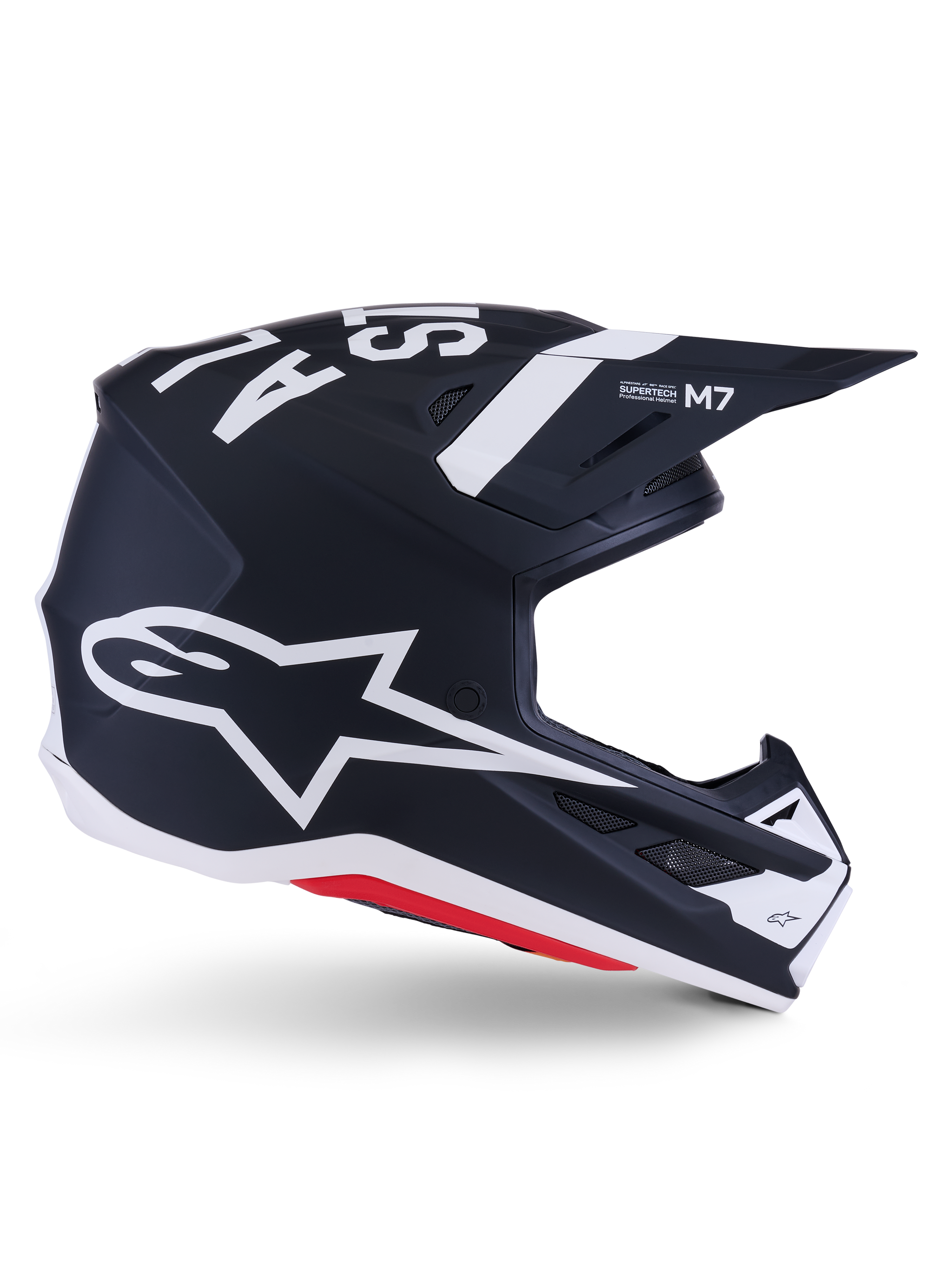 Alpinestars S-M7 Dasher Helmet, Motocross Helmet, Black White Matt with Red accents, featuring large white Alpinestars star logo on the side, aerodynamic visor and ventilation ports, matte finish, ECE 22.06 certified for off-road racing