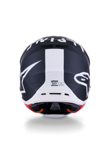 Alpinestars S-M7 Dasher Helmet, Motocross Helmet, Matte Black and White with Red accents, rear view featuring bold star logo and central white stripe, aerodynamic design for off-road racing