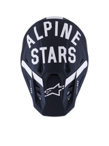 Alpinestars S-M7 Dasher Helmet, Motocross Helmet, Black White Matt, front view with bold white Alpinestars text and star logo, matte finish composite shell with ventilation ports, professional off-road racing gear.
