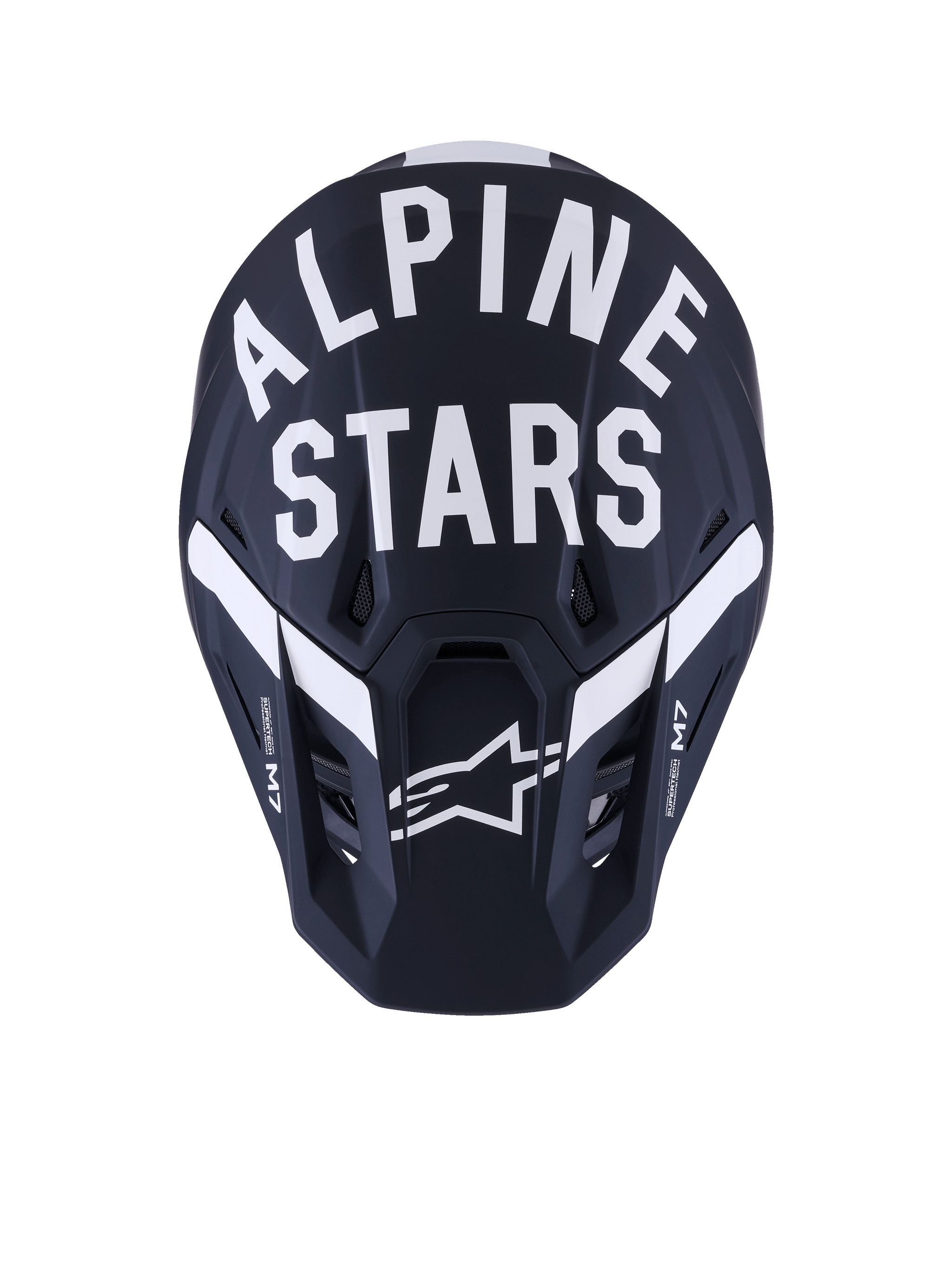 Alpinestars S-M7 Dasher Helmet, Motocross Helmet, Black White Matt, front view with bold white Alpinestars text and star logo, matte finish composite shell with ventilation ports, professional off-road racing gear.