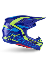 Alpinestars S-M7 Deed Helmet ECE 22.06, Motocross Helmet, Blue Yellow Fluo Glossy, side profile view featuring an aerodynamic shell with bold Alpinestars branding, bright yellow and light blue graphic accents, multiple ventilation ports, and integrated visor design for elite off-road racing