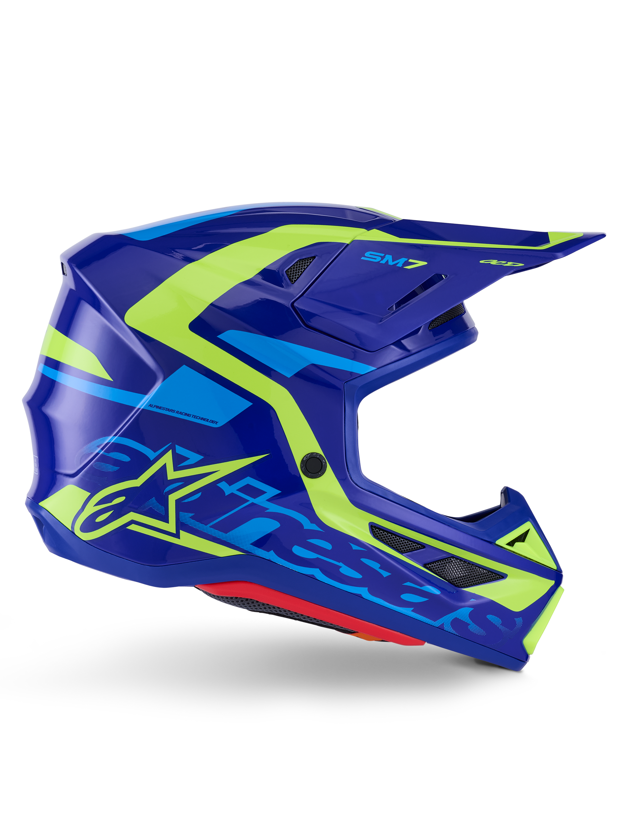 Alpinestars S-M7 Deed Helmet ECE 22.06, Motocross Helmet, Blue Yellow Fluo Glossy, side profile view featuring an aerodynamic shell with bold Alpinestars branding, bright yellow and light blue graphic accents, multiple ventilation ports, and integrated visor design for elite off-road racing