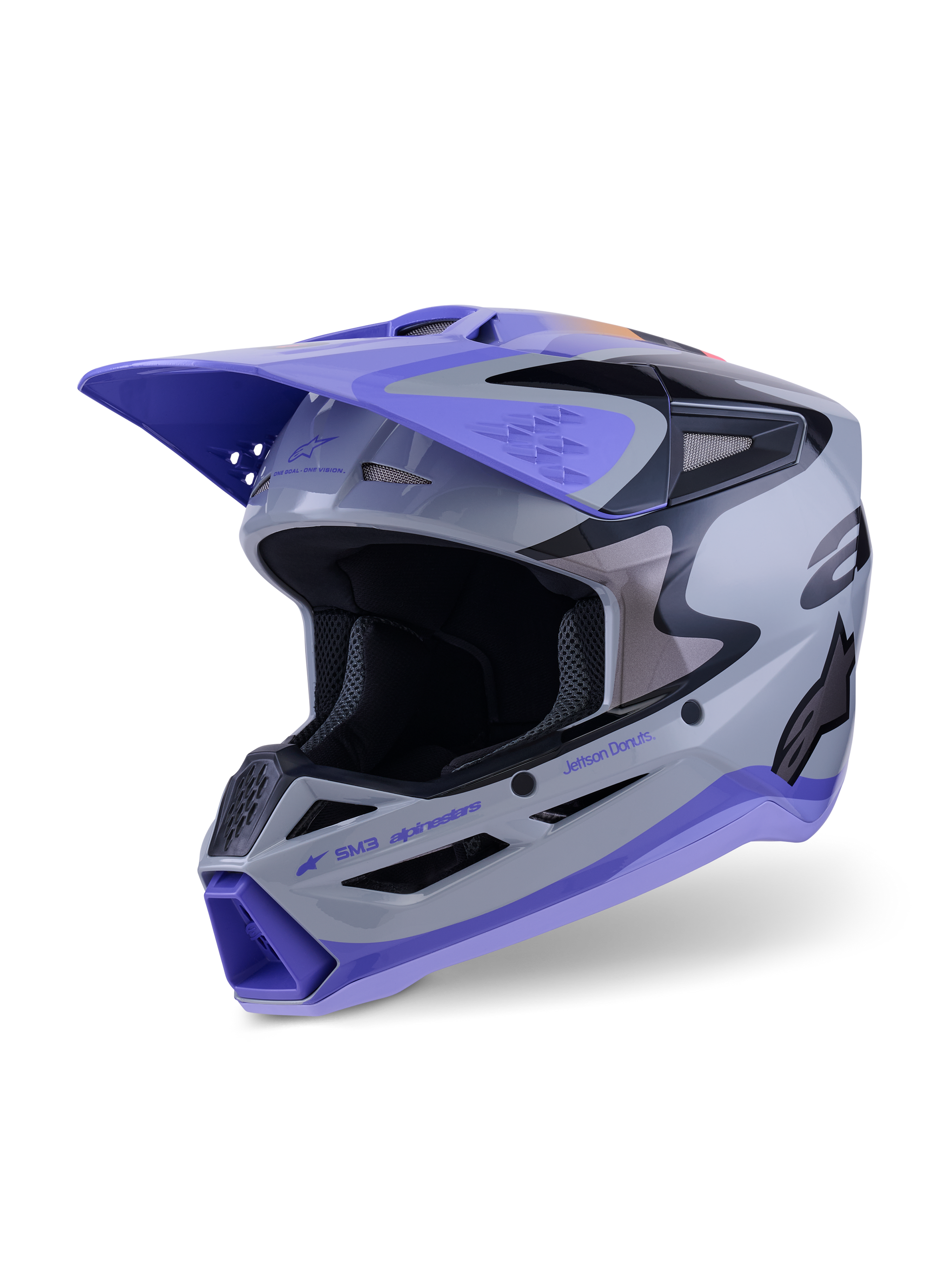 Alpinestars SM3 Jettson Motocross Helmet, gray and purple glossy finish, ECE 22.06 and DOT certified for off-road safety.