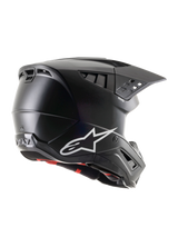 Alpinestars S-M5 Solid Helmet ECE 22.06, Matte Black Motocross Helmet, side-rear profile view featuring a white Alpinestars logo, multiple ventilation ports, and integrated visor for off-road riding protection