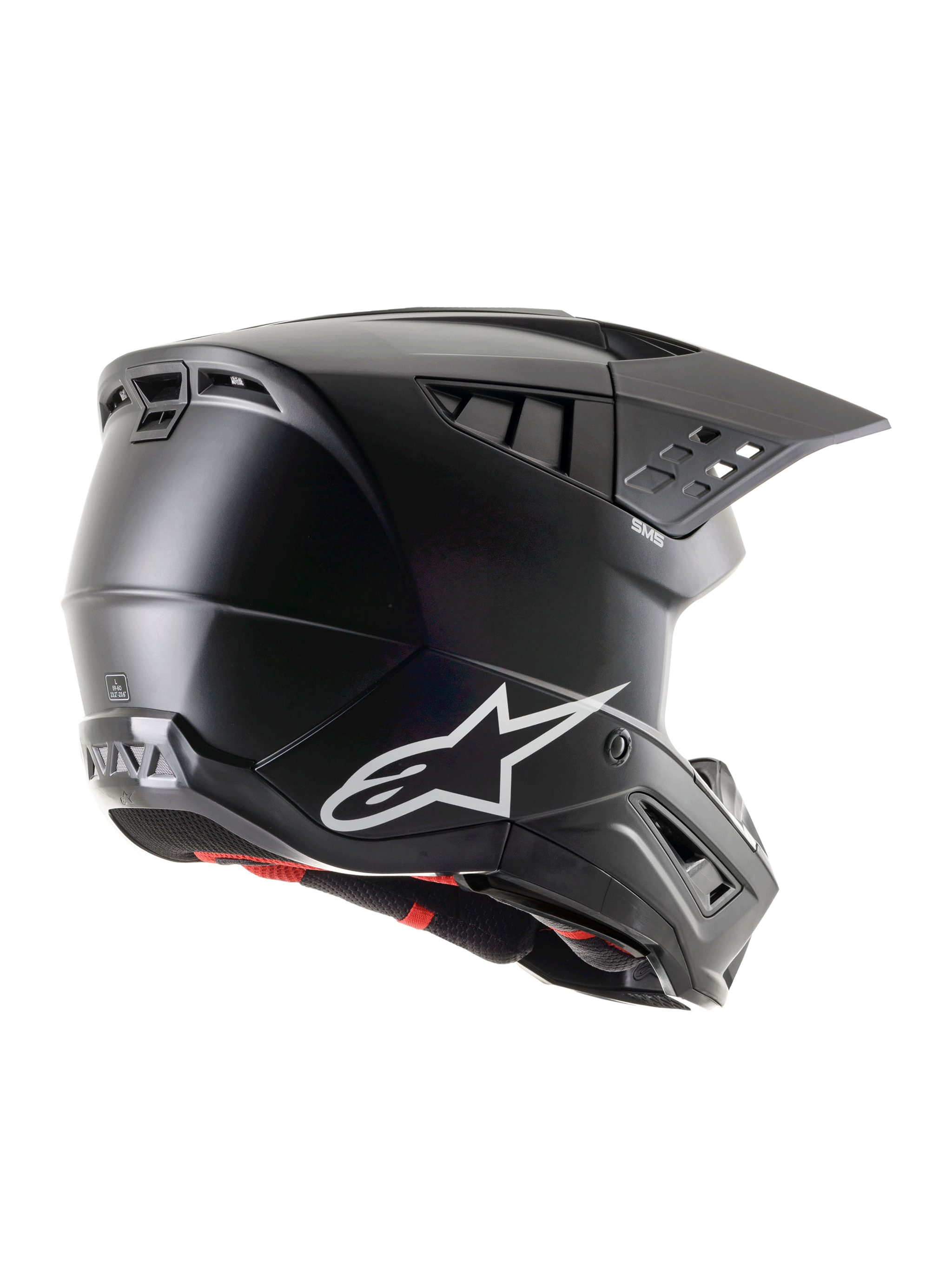 Alpinestars S-M5 Solid Helmet ECE 22.06, Matte Black Motocross Helmet, side-rear profile view featuring a white Alpinestars logo, multiple ventilation ports, and integrated visor for off-road riding protection