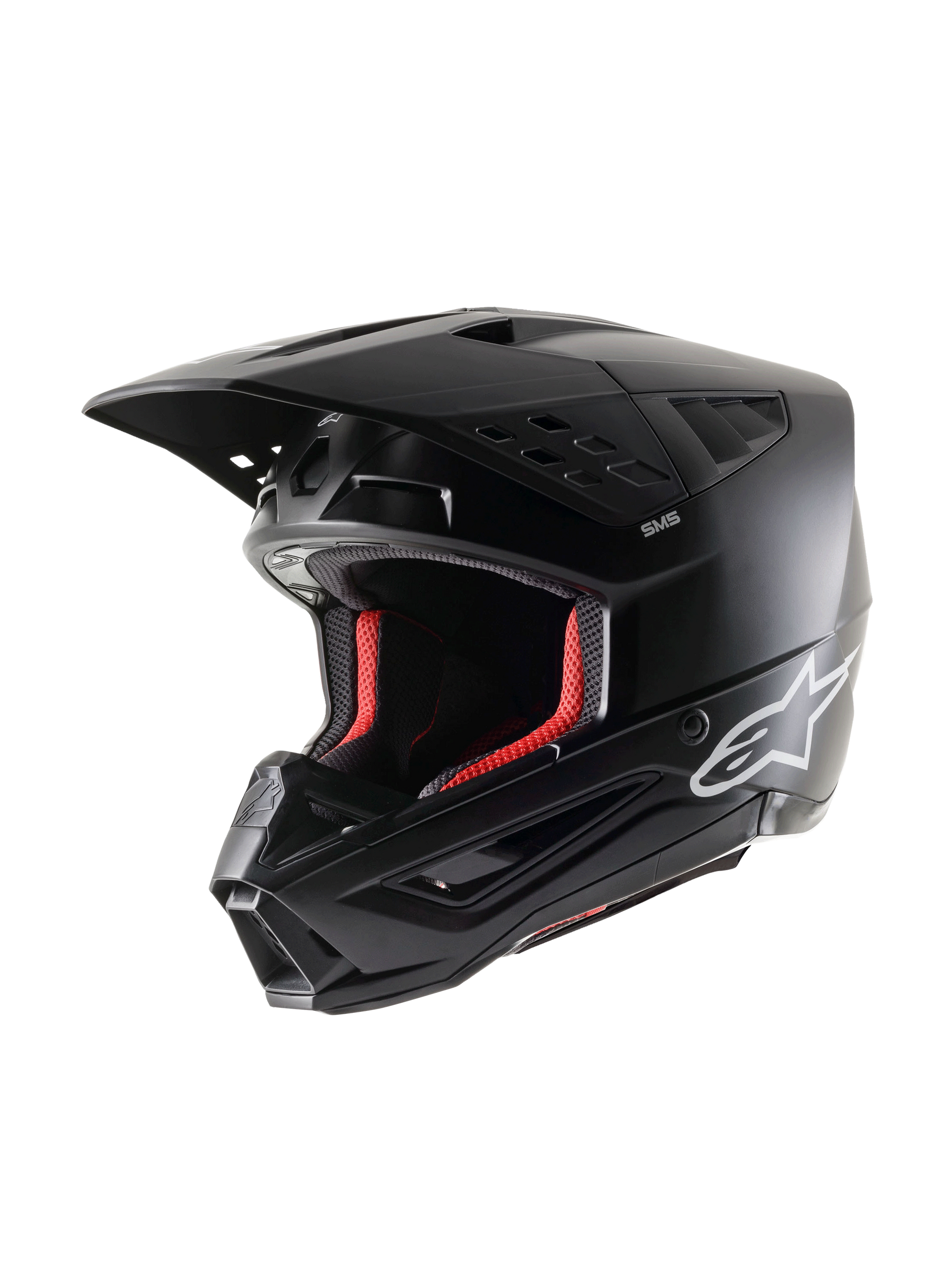 Alpinestars S-M5 Solid Helmet ECE 22.06, Motocross Helmet, Black Matt, three-quarter view, featuring white Alpinestars logo on the side and red interior padding, aerodynamic design with multiple ventilation ports