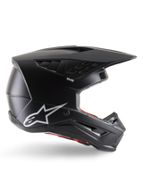 Alpinestars S-M5 Solid Helmet, Motocross Helmet, Matte Black, featuring white Alpinestars star logo and red interior lining, aerodynamic design with multiple air vents and long visor, ECE 22.06 certified off-road protection