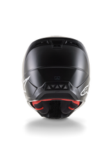 Rear view of the Alpinestars S-M5 Solid Helmet ECE 22.06, Motocross Helmet, Black Matte finish, featuring white Alpinestars logos on the sides, red inner lining, and aerodynamic shell with exhaust vents.