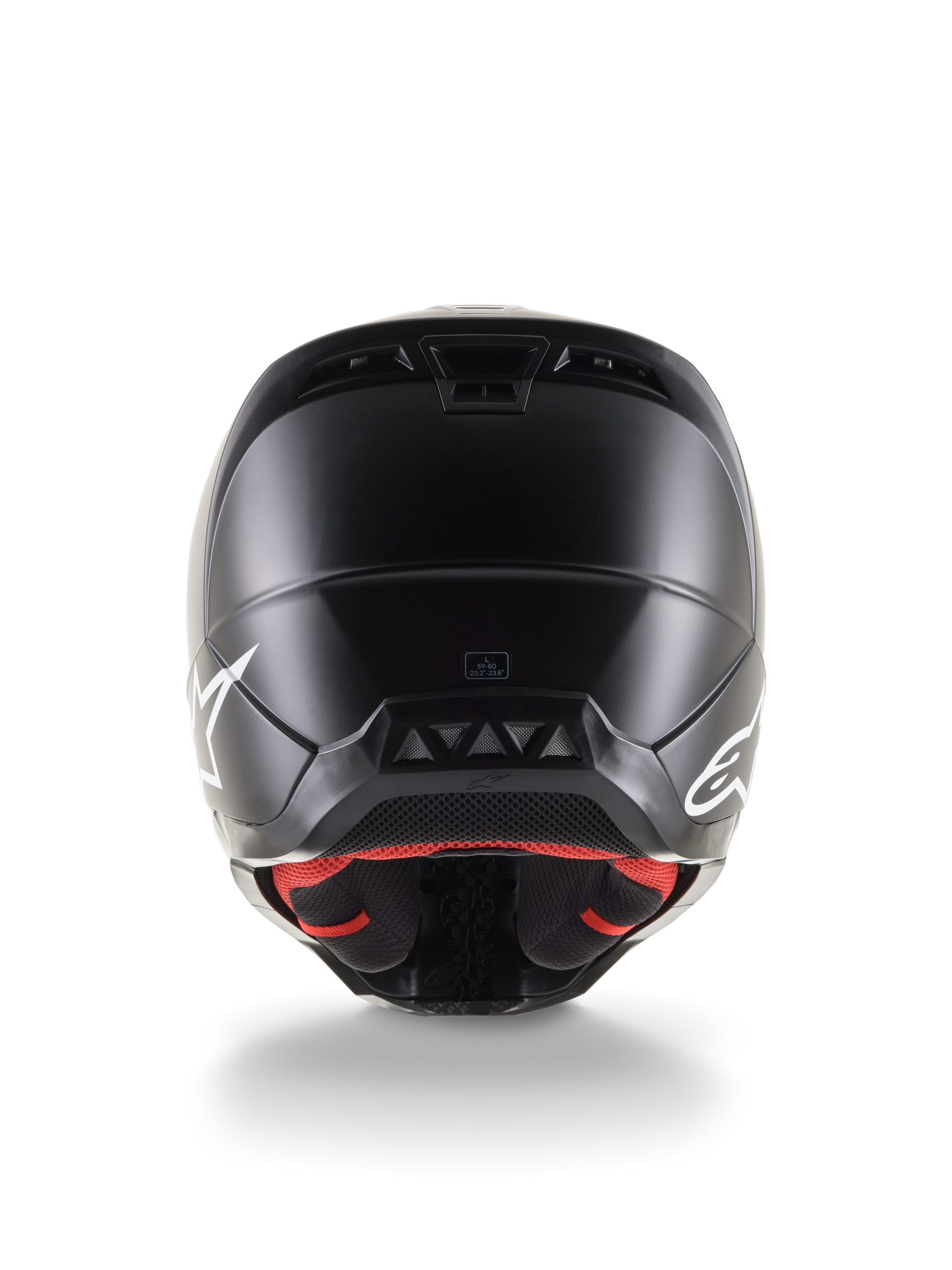 Rear view of the Alpinestars S-M5 Solid Helmet ECE 22.06, Motocross Helmet, Black Matte finish, featuring white Alpinestars logos on the sides, red inner lining, and aerodynamic shell with exhaust vents.