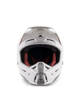 Alpinestars S-M5 Solid Helmet ECE 22.06, Motocross Helmet, White Glossy, front view, featuring multi-air intake ports on the chin and forehead, wide visor, red and black inner lining, sleek and aerodynamic design for off-road racing