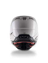 Alpinestars S-M5 Solid Helmet ECE 22.06, Motocross Helmet, White Glossy, rear view featuring aerodynamic exhaust vents and black lower trim with logos, sleek protective gear for off-road racing